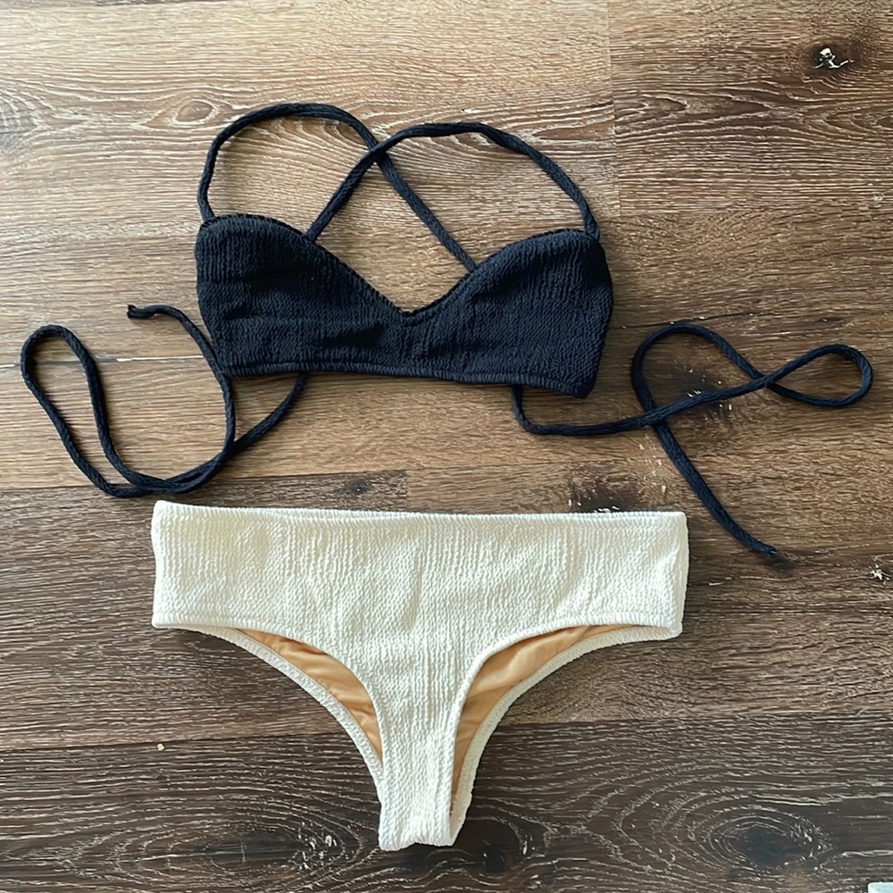 Made By Dawn Cream Black Textured Bikini Set Swimsuit S/M